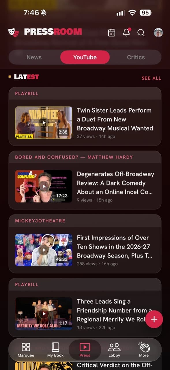 BetweenActs Press Room YouTube feed spotlighting theater content creators