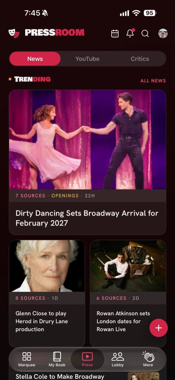 BetweenActs Press Room news feed with trending theater stories